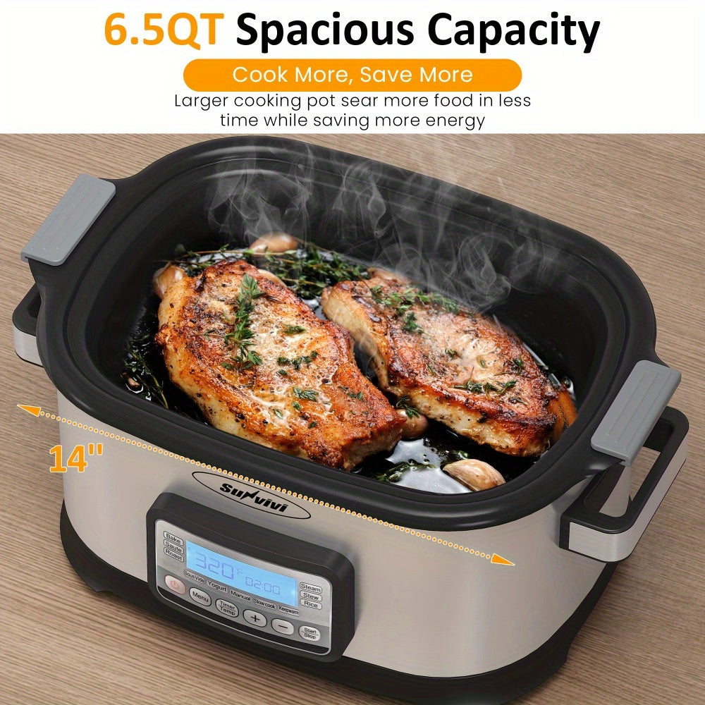 11-in-1 Multi Slow Cooker Roaster Oven, 6.5QT Sliver Digital Programmable Slow Cooker with Rack, Large Removable Nonstick Crock, Glass Lid, Multicooker with Timer Temp Control, Delay Start
