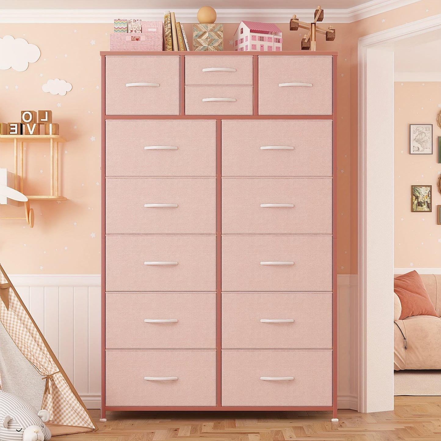 14-Drawer Tall Dresser with Metal Frame & Wood Top - 52" H Freestanding Storage Cabinet for Bedroom, Living Room, Entryway - Easy Assembly, No Power Needed, 11.8" D x 37" W, Tall Dresser for Bedroom, Home Organization, Contem
